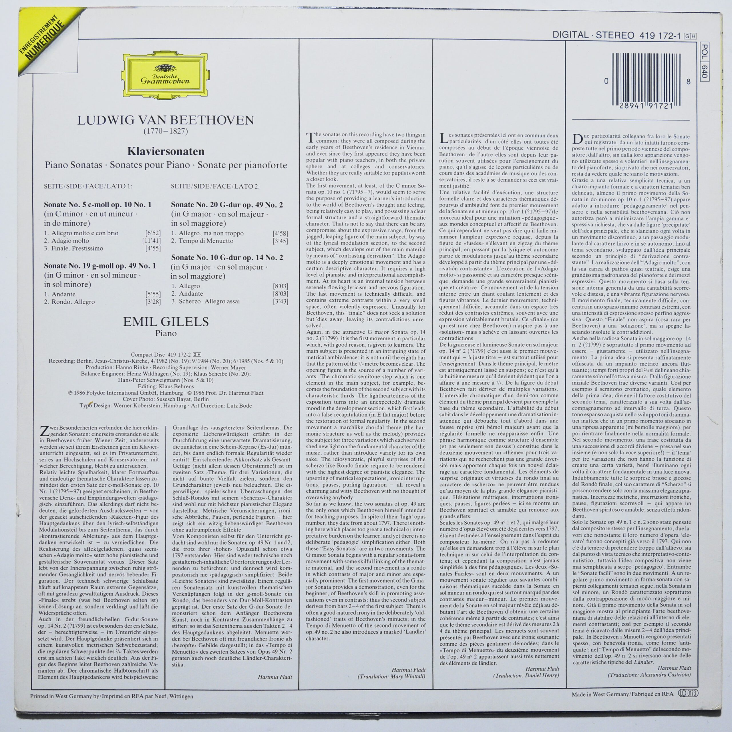 Ludwig van Beethoven / Emil Gilels – Klaviersonaten Nos. 5, 10, 19, 20